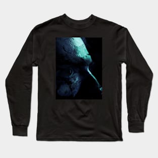 Portrait, digital collage and special processing. Man. Side of face, close up. Eye, forehead, nose. Legendary. Dark shapes, like feather. Aquamarine. Long Sleeve T-Shirt